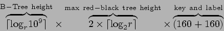 \begin{displaymath}\overbrace{\lceil{\log}_r 10^9\rceil}^{\mathrm{B-Tree\ height...
...
height}}\times\overbrace{(160+160)}^{\mathrm{key\ and\ label}}\end{displaymath}