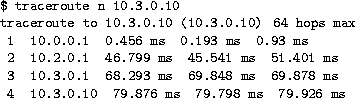 \begin{figure}
{\small
\begin{verbatim}
$ traceroute -n 10.3.0.10
traceroute to ...
 ...8 ms
 4 10.3.0.10 79.876 ms 79.798 ms 79.926 ms\end{verbatim}}
{\sf}\end{figure}