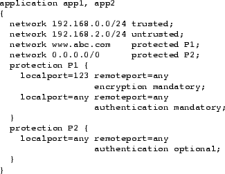 \begin{figure}\vspace{0.1in}{\footnotesize\begin{verbatim}application ......oteport=anyauthentication optional;}}\end{verbatim}}\end{figure}