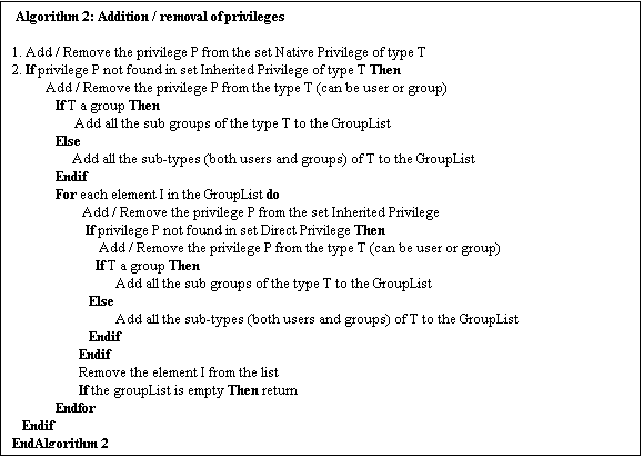 Text Box:  Algorithm 2: Addition / removal of privileges

1. Add / Remove the privilege P from the set Native Privilege of type T
2. If privilege P not found in set Inherited Privilege of type T Then
Add / Remove the privilege P from the type T (can be user or group)
             If T a group Then
Add all the sub groups of the type T to the GroupList
             Else
Add all the sub-types (both users and groups) of T to the GroupList
             Endif
             For each element I in the GroupList do
     Add / Remove the privilege P from the set Inherited Privilege
If privilege P not found in set Direct Privilege Then
Add / Remove the privilege P from the type T (can be user or group)
      	         If T a group Then
   Add all the sub groups of the type T to the GroupList
                       Else
   Add all the sub-types (both users and groups) of T to the GroupList
                       Endif
                    Endif
                    Remove the element I from the list
                    If the groupList is empty Then return
             Endfor
   Endif
EndAlgorithm 2
