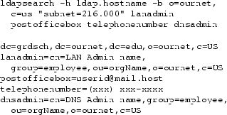 \begin{figure}
{\footnotesize\begin{verbatim}ldapsearch -h ldap.hostname -b o...
...employee,
ou=orgName,o=ournet,c=US\end{verbatim}}
\vspace{-0.20in}
\end{figure}